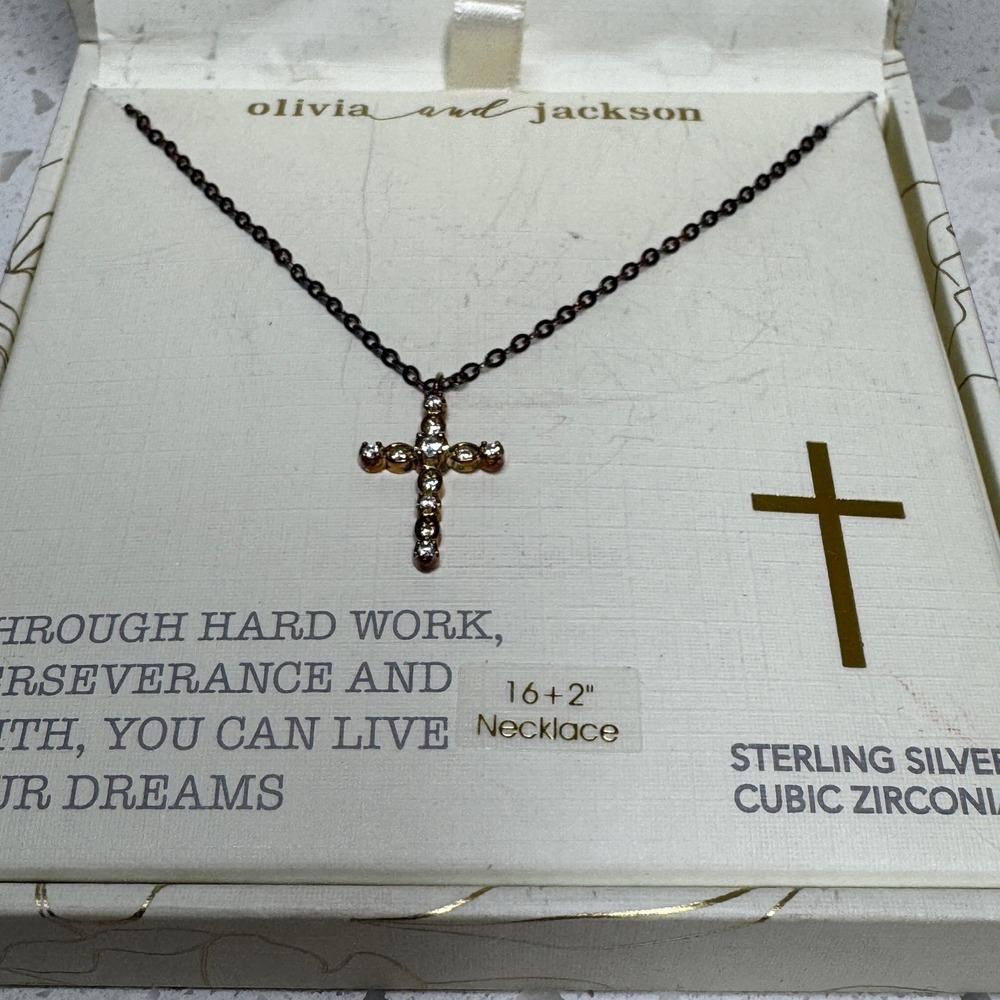 Olivia and Jackson Sterling Silver Cubic Zirconia Cross Necklace 16+2" NIB - Picture 2 of 7